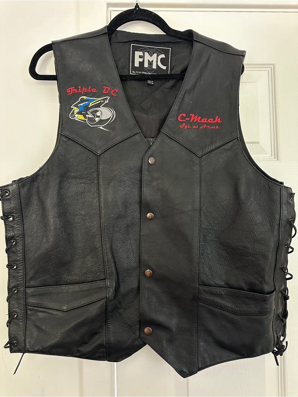 FMC Black Leather Motorcycle Vest - Embroidered Biker Patch